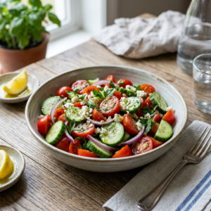 Mediterranean salad with tomatoes, cucumbers, red onion, herbs, and feta
