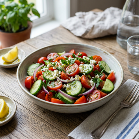 Mediterranean salad with tomatoes, cucumbers, red onion, herbs, and feta