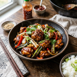 Bowl of spicy glazed chicken with vegetables, sesame seeds, and rice
