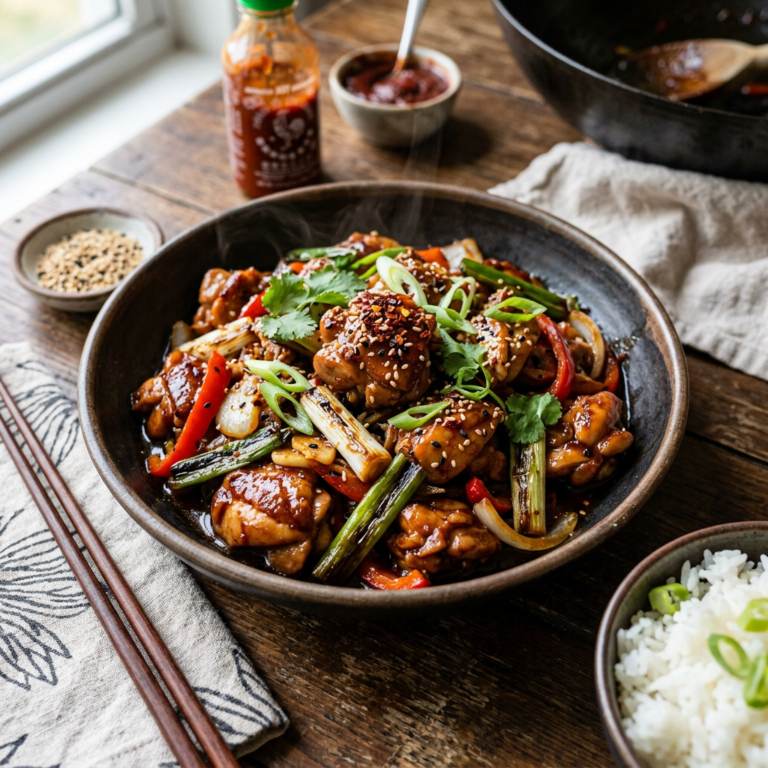 Bowl of spicy glazed chicken with vegetables, sesame seeds, and rice