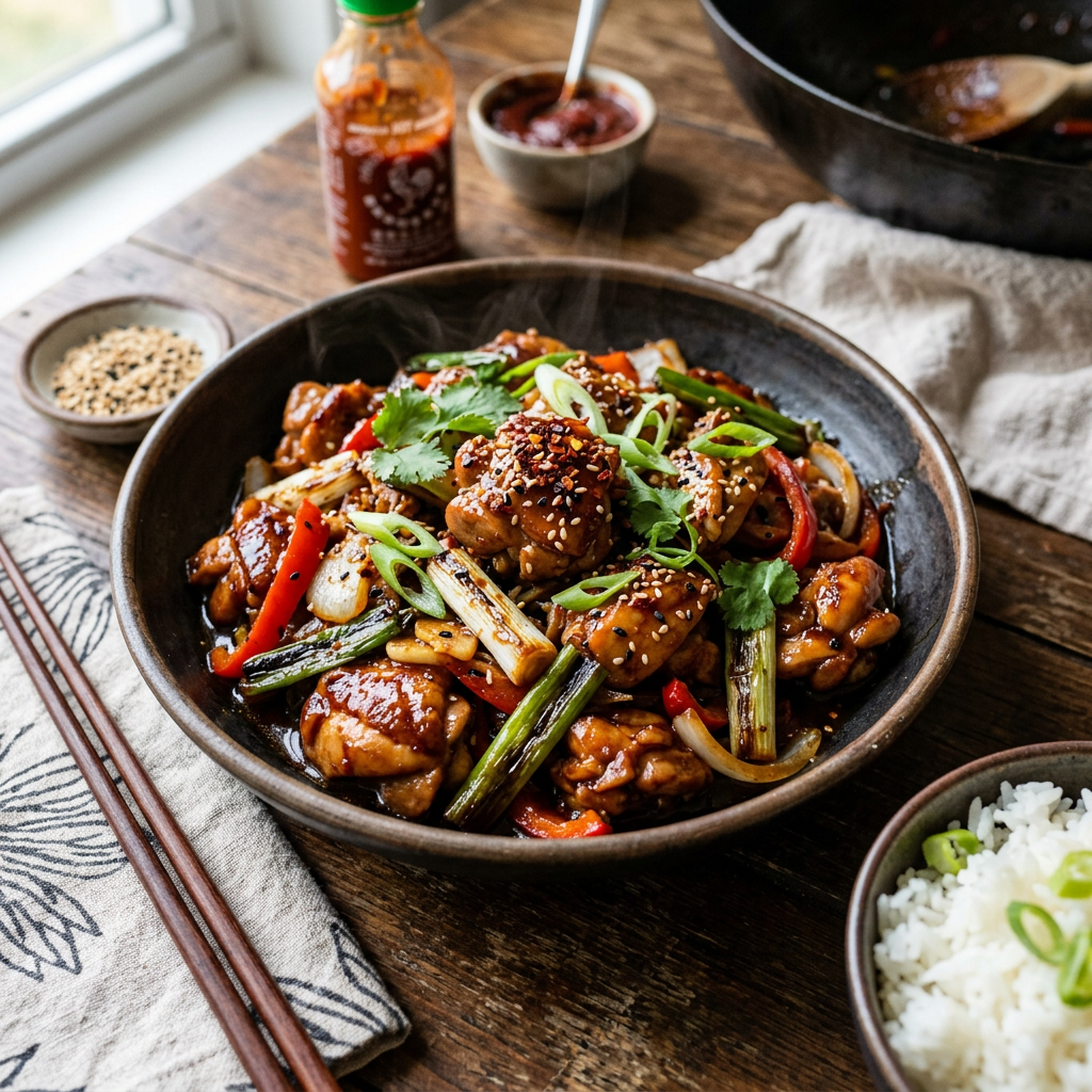 Gochujang Chicken & Scallion Stir-Fry (Sweet, Spicy & Ready in 20 Minutes!) Bowl of spicy glazed chicken with vegetables, sesame seeds, and rice