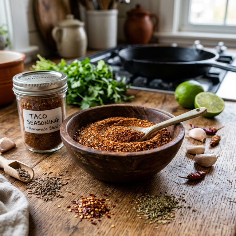 Bowl of taco seasoning beside labeled homemade seasoning jar and ingredients