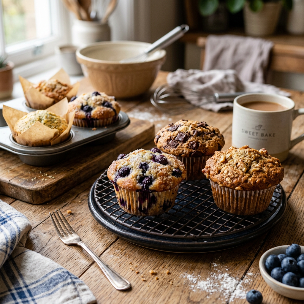 Three freshly baked muffins cooling on a rack beside coffee and blueberries
